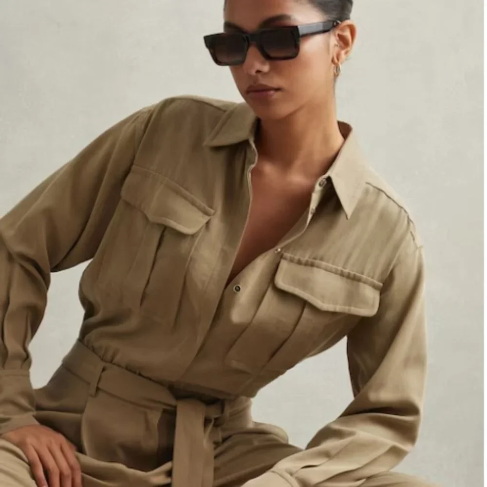 REISS Liliana Lyocell Wide Leg Jumpsuit in Khaki US 2 NWT - Picture 2 of 6